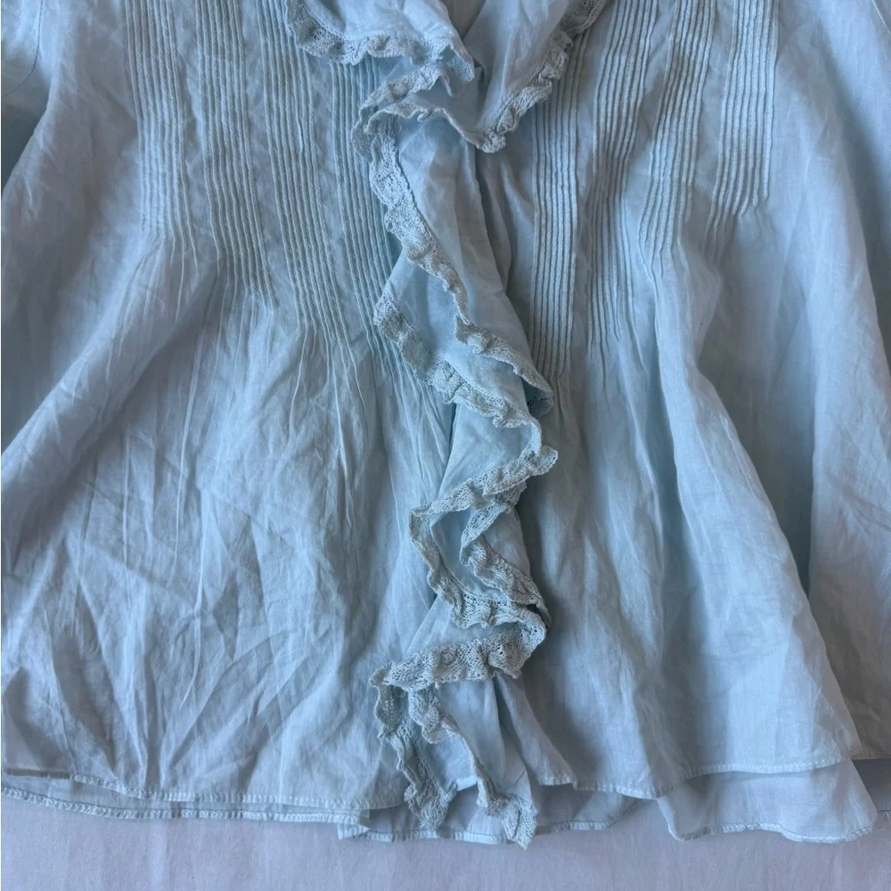 Doen NWT Medium Henri Ruffle Cotton Blouse in Alice Blue - Picture 11 of 14
